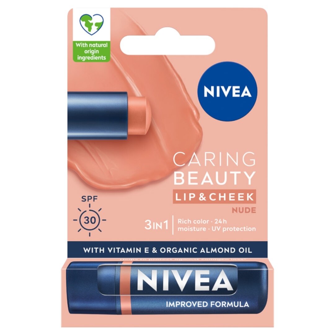 NIVEA Caring Beauty 3in1 lūpų balzamas Nude 4.8g NIVEA Caring Beauty 3in1 lūpų balzamas Nude 4.8g