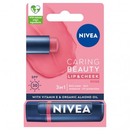 NIVEA Caring Beauty 3in1 lūpų balzamas Rose 4.8g NIVEA Caring Beauty 3in1 lūpų balzamas Rose 4.8g