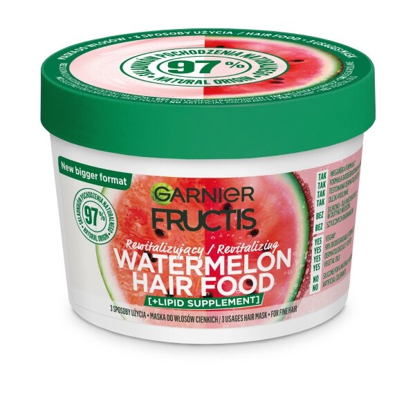 GARNIER Fructis Watermelon Hair Food plaukų kaukė 400ml GARNIER Fructis Watermelon Hair Food plaukų kaukė 400ml