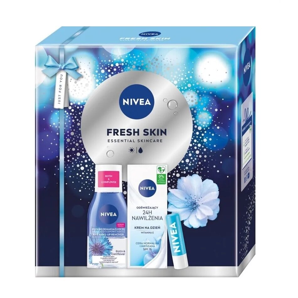 Rinkinys „Gaivi oda“: gaivinantis dieninis kremas 50 ml + dvifazis akių makiažo valiklis 125 ml + maitinamieji lūpų dažai 4,8 g